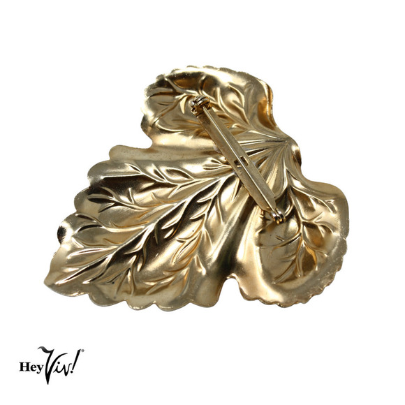 Vintage Gold Metal Detailed Leaf Pin Large Statement Brooch 2.75" - Hey Viv - Picture 6 of 7